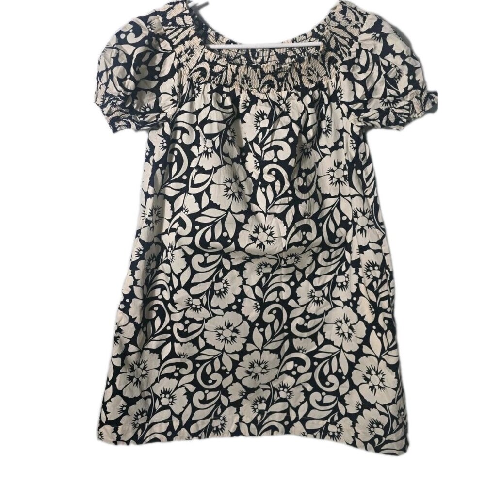 Boden Floral Smocked Dress Womens Small Black Cream Short Sleeve.HL392